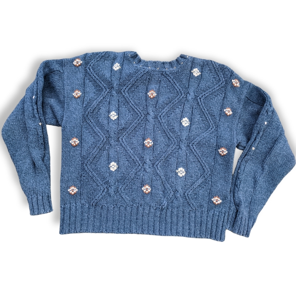 Blue Cotton Embroidered Sweater 80s Vintage S
